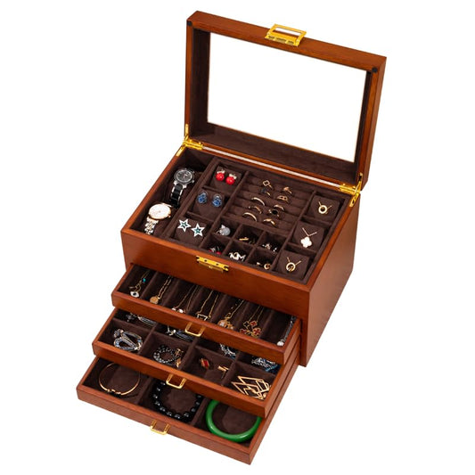 4-Layer Black Walnut Wooden Jewelry Box with Glass Lid, Solid Wood, Jewelry Organizer for Versatile Necklace, Watch, Ring, Earring Storage for Women - color: Brown velvet, size: 4-Tier(11"L x 7.8"W x 7.8"H)