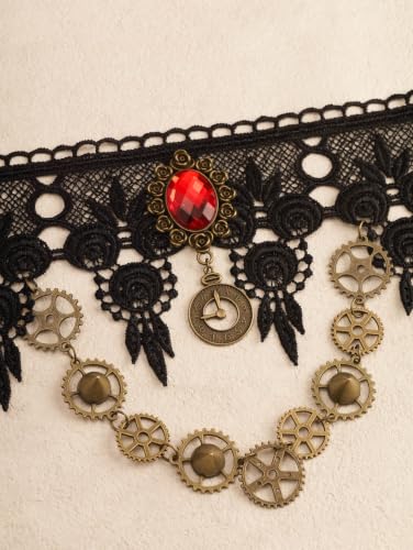Gothic Black and Red Steampunk Teardrop Lace Choker Necklace, Goth Jewelry | Zinc alloy, iron, acrylic, and soft lace materials. Perfect for gothic emo punk grunge Vintage Victorian Halloween outfits