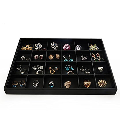 Oirlv Black Leather Jewelry Tray 24-Grid | 13.78"X9.45"X1.18" Tray with 24 Grid Inserts, Soft Velvet Lining, Perfect for Pendants and Earrings, Stackable Design - style: P01703