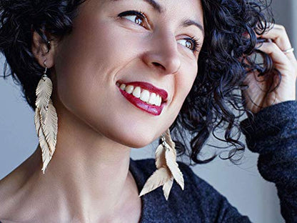 Leather Feather Earrings, Suede layered earrings, boho wedding jewelry, summer earrings, gift for her, dangle earrings - color: cream
