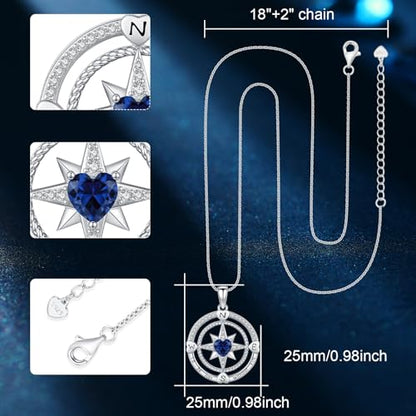 Compass Birthstone Necklace for Women S925 Sterling Silver with Cubic Zirconia - Birthday Jewelry gift for her, Girlfriend, Wife, Mom on Birthday, Anniversary - color: 09 - Sapphire