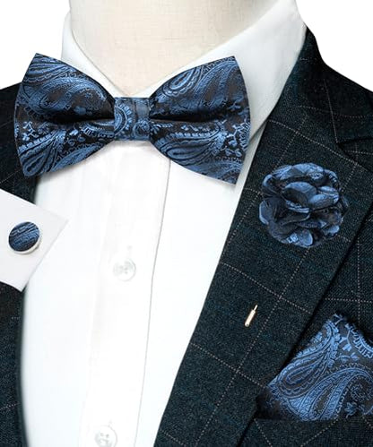JEMYGINS Mens Paisley Bow Tie and Lapel Pin Necktie Pocket Square and Tie Clip with Sets for Business Casual 4PCS - color: Light Blue