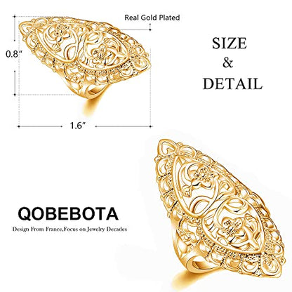 Rings for Women Summer Boho Rings Filigree Flower Ring Chunky Gold Ring Full Finger Rings Wide Band Womens Rings for Cocktail Party Birthday Gifts Statement Rings for Women - color: Gold
