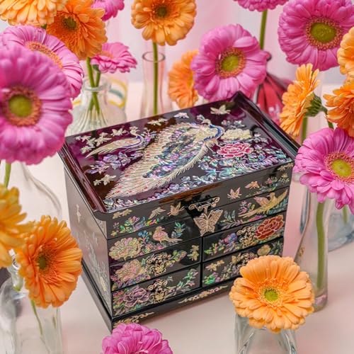 February Mountain Mother of Pearl Wooden Jewelry Organizer Box – Jewelry Storage Box for Women, Features Spacious Drawers, Ideal for Rings, Bracelets, Watches, Chains, Accessories (Peacock) - style: Peacock