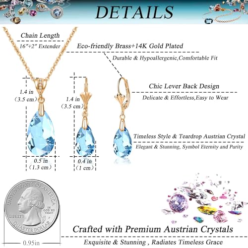 Austrian Crystals Teardrop Pendant Necklace Earrings for Women 14K Gold Plated Hypoallergenic Leverback Drop Dangle Earrings Jewelry Set - color: Aquamarine