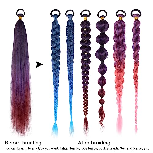 Braided Ponytail Extension with Hair Tie Purple Gradient Braid Extensions | 2 Pack Long Braided Ponytail Extension, 26 Inch Natural Soft Synthetic Hair Piece for Women Daily Wear (Black/Purple/Bug#) - color: Purple gradient#（Black/Purple/Bug）, size: 26 In