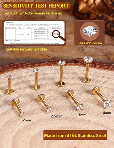 LOLIAS 16G 18G Flat Back Earrings Studs-Hypoallergenic Surgical Stainless Steel Cartilage Earring for Women Internally Threaded Cubic Zirconia Nose Stud Lip Medusa Tragus Helix Piercing Jewelry - color: 16G-2/2.5/3/4mm CZ-14K Gold Plated