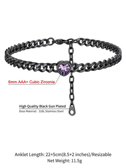 ChainsHouse Cuban Chain Anklets for Women with Heart Birthstone Jan - Dec | Stainless Steel Black Link Chain Ankle Bracelet with Birthstone, Beach Women Anklet 22cm-27cm Adjustable, with Gift Box - color: 02. Feb-Amethyst-Black