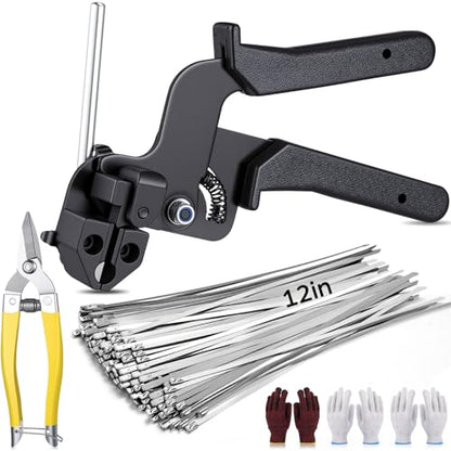 155 Pack Stainless Steel Cable Tie Gun Kit, 150 Pcs 11.8 Inch Metal Zip Ties, Adjustable Fastening and Cutting Tools for Fence, Chain Link Fence, Pipe, Industrial Use - size: 11.8 Inch