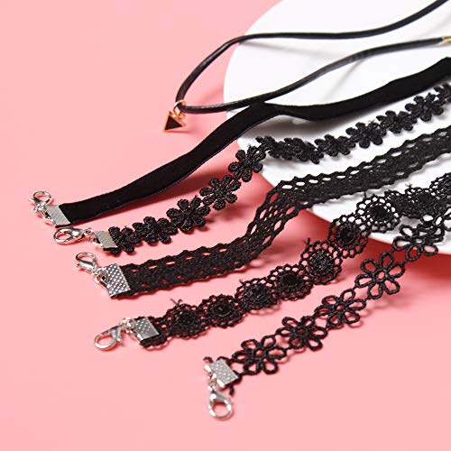 Maxforever 6 PCS Necklaces Black Velvet Choker Set Classic Gothic Tattoo Lace Chokers | 6 Pcs Black Choker Set - Lace Velvet PU Leather, Adjustable Chain, Perfect for Daily Wear, Parties, Gothic Style & Gifting