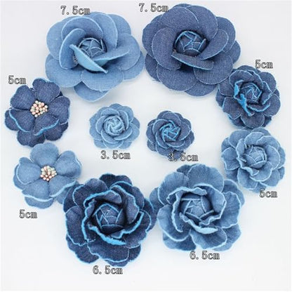 Dreuyet 10 PCS Denim Fabric Flower Brooch Pins with Hair Clips Denim Ribbon Fabric Camellia Flowers Corsage Pin Clip Sweater Coat Dress Suit Backpack Clothes Accessories