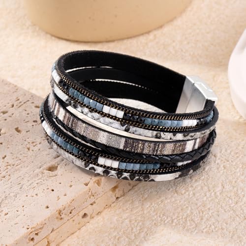 Wrapped Bracelets for Women,Leather Boho Bracelets for Women - color: Boho-Black