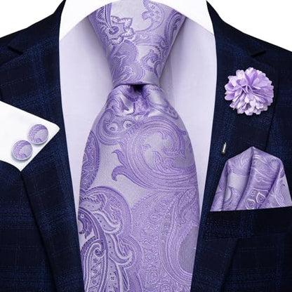 Hi-Tie 5Pcs Mens Solid Color Silk Tie Satin Pretied Bowtie Lapel Pin for Men Handkerchief Cufflink Wedding Gift Box - color: Lavender Purple-self Tie