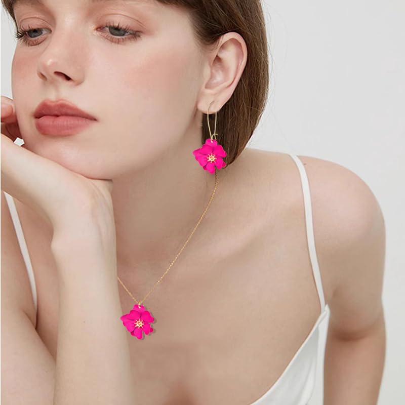 WCRAZYE Bohemian Daisy Flower Earrings Necklace Sets for Women Unique Trendy Boho Matte 3D Gold Flower Floral Petal Statement Earring Wedding Jewelry - color: Rose Red