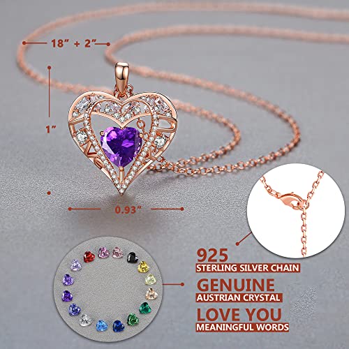 5 Heart I Love You Necklace for Women, Birthstone Crystal Pendant, Birthday Gift for Her, Wife, Mom, Rose Gold or Gunmetal Plated, 925 Sterling Silver Chain 18"+2" - color: 02-February-Amethyst Deep Violet-Rose Gold Plated