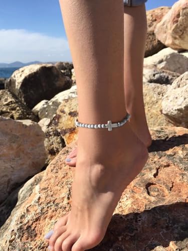 Starain Stone Beaded Anklets for Women Handmade Beach Turquoise Beads Ankle Bracelet Trendy Boho Cross Bead Anklet Jewelry 8 inch Adjustable - color: B