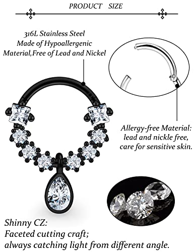 Vsnnsns 16G Septum Rings Piercing Jewelry 316L Stainless Surgical Steel Skull Flower Dangle Clicker Horseshoe Septum Nose Rings Hoop Piercing Jewelry for Women Men Silver Black Rose Gold 10mm - color: Black Tone