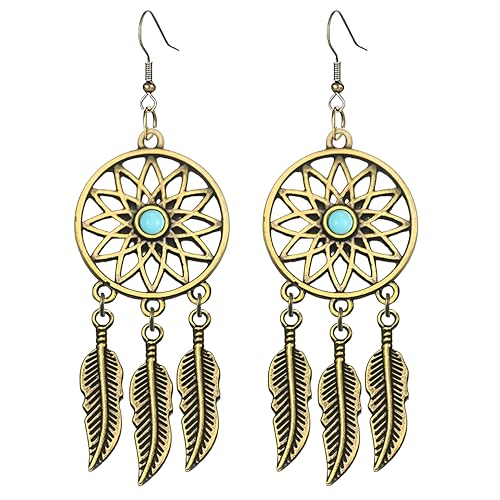 Blue Turquoise Dream Catcher Feather Earrings for Women Vintage Bohemian Western Jewelry - style: Gold Sunflower