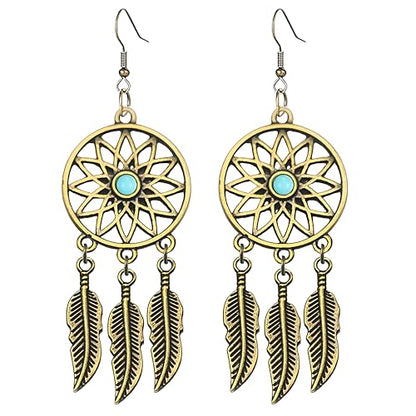 Blue Turquoise Dream Catcher Feather Earrings for Women Vintage Bohemian Western Jewelry - style: Gold Sunflower