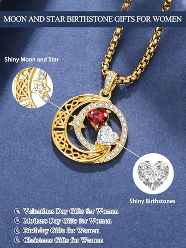14K Gold Moon and Star Double Birthstone Necklace Gifts for Women | 2 Heart Birthstone Necklace,Mothers Day Wedding Anniversary Birthday Gifts for Wife Mom Daughter Grandma Sister - color: 01-04-Jan-Apr Birthstone