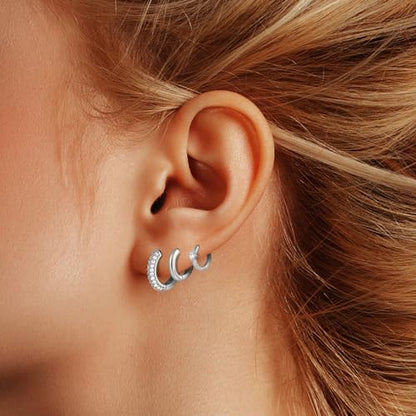 Wgoud Small Gold Hoop Earrings Set for Women, 6 Pairs 14K Gold Plated Hypoallergenic Lightweight Huggie Hoops Earrings, Trendy Cartilage Cubic Zirconia Earrings for Women Gifts. - color: C-Silver hoops