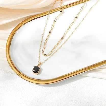 Gold Layered Necklaces for Women, 18k Gold Plated Crystal Necklace Paperclip Choker Emerald Green Jewelry for Women Gifts - color: Black