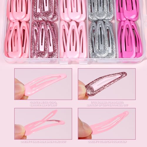 Teenitor 50Pcs Hair Barrettes Pink Snap Hair Clips, 2 Inch Hair Barrettes Hair Clips for Women Hair Barrettes for Women with Glitter Pink - color: Pink/Light Pink/Hot Pink/Glitter Silver/Glitter Pink