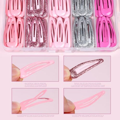 Teenitor 50Pcs Hair Barrettes Pink Snap Hair Clips, 2 Inch Hair Barrettes Hair Clips for Women Hair Barrettes for Women with Glitter Pink - color: Pink/Light Pink/Hot Pink/Glitter Silver/Glitter Pink