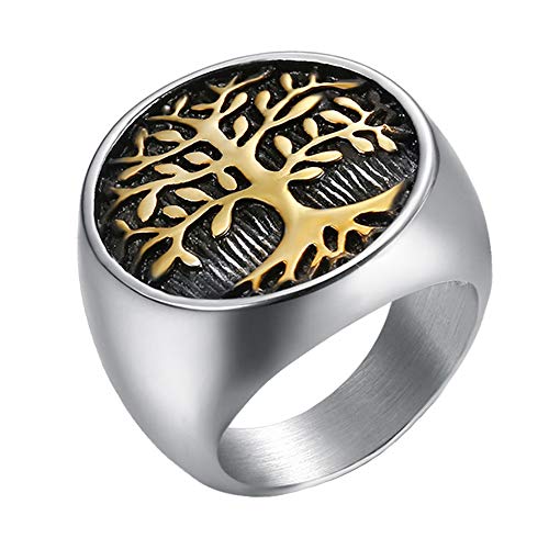 Men's Stainless Steel Vintage Gold Plated Tree of Life Ring Signet Biker Band Round Top - color: Silver Gold