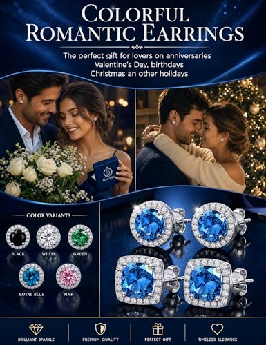 2 Pairs S925 Sterling Silver Stud Earrings for Women Halo Cubic Zirconia | 14K Gold Plated Hypoallergenic Non Tarnish Round Square Silver Stud Earring for Women Men Dainty Trendy Jewelry - style: Silver-Blue Stone