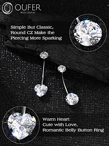 OUFER Titanium Belly Button Rings, Long Belly Piercing Jewelry, Clear CZ Belly Rings, Internally Thread Navel Piercing Jewelry For Women Men - style: Heart CZ