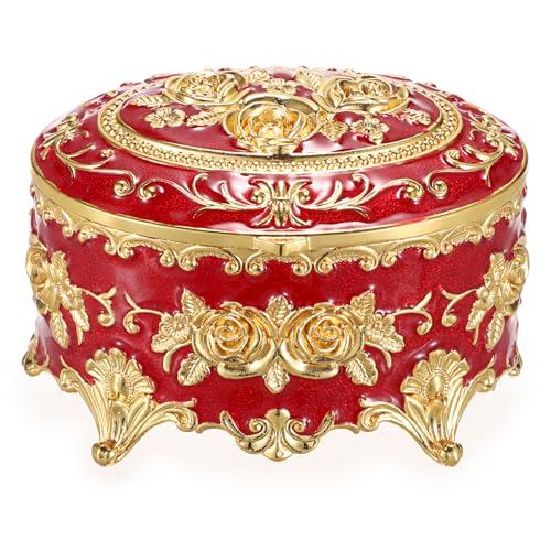 Hipiwe Oval Jewelry Box Classic Metal Trinket Organizer Ring Storage Box | Jewelry Storage Box with Rose Pattern for Ring Earrings Necklace, Gift for Women, Red - color: Red