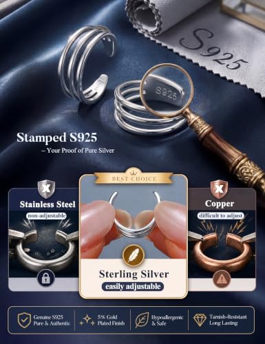 Subiceto 925 Sterling Silver Ear Cuffs Non Piercing - Adjustable Hypoallergenic 14K Gold Plated Clip On Earrings for Women Cubic Zirconia Silver Ear Cuff Helix Cartilage Fake Piercing - color: 08 Three Hoop Silver Tone