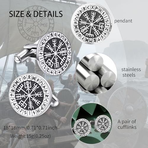 Mens Cufflinks, Norse Viking Tuxedo Cuff Links, Stainless Steel Viking Compass Vegvisir Rune Shirt Studs Mythology Jewelry Gift for Business Wedding - color: Compass-S