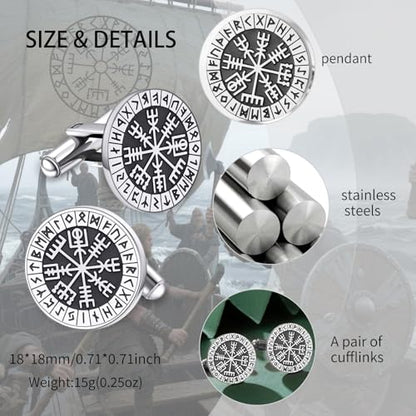 Mens Cufflinks, Norse Viking Tuxedo Cuff Links, Stainless Steel Viking Compass Vegvisir Rune Shirt Studs Mythology Jewelry Gift for Business Wedding - color: Compass-S