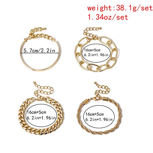 Dainty Boho Chain Bracelets Set for Women Adjustable Fashion Beaded Chunky Flat Cable Chain Punk Bracelets for Women Gift Set of 4 - color: Golden