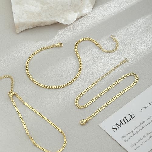 Gold Ankle Bracelets for Women Waterproof,14k Gold Plated Anklet Set 3PCS Cuban Mirror Dainty Anklets Summer Beach Gift