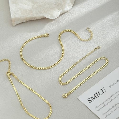 Gold Ankle Bracelets for Women Waterproof,14k Gold Plated Anklet Set 3PCS Cuban Mirror Dainty Anklets Summer Beach Gift