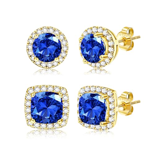 18K Gold Plated Halo Stud Earrings 925 Sterling Silver Cubic Zirconia Stud Earrings Round Square Diamonique Stud Earrings Set for Women Men - color: Gold&Blue