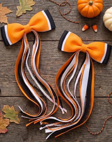 2PCS Halloween Long Tail Hair Bow Clips Grosgrain Sequins | Grosgrain Fabric, Sequin Strands, Alligator Clip with Fabric Wrap, Ponytail Styling, Halloween Party Photography Accents - color: Orange & Black