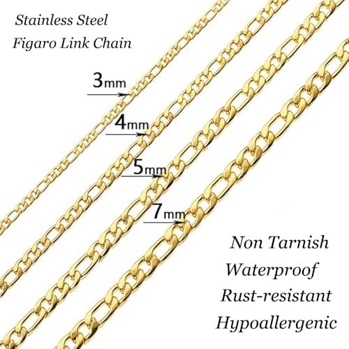 Stainless Steel Figaro Link Chain Necklace For Men Women, 3mm 4mm 5mm 7mm Width, 18k Gold Plated 18 20 22 24 Inch Figaro Chain, No Tarnish Durable Waterproof Jewelry - color: 7MM Gold, size: 20inches