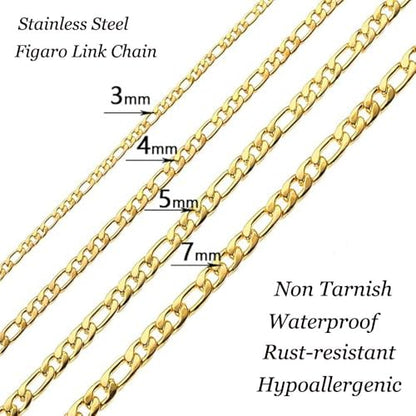 Stainless Steel Figaro Link Chain Necklace For Men Women, 3mm 4mm 5mm 7mm Width, 18k Gold Plated 18 20 22 24 Inch Figaro Chain, No Tarnish Durable Waterproof Jewelry - color: 7MM Gold, size: 20inches