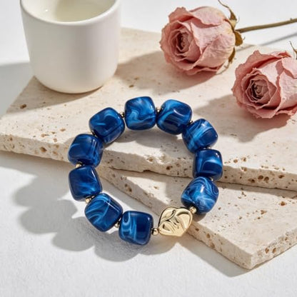 Chunky Beaded Bracelet for Women-Boho Bold Acrylic Resin Stretch Bracelets Trendy Summer Beach Elastic Bangle Vacation Jewelry Accessories - color: Style 2-Dark-Blue