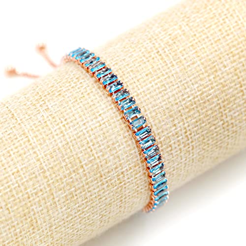 Uloveido Classic Emerald Cut Rectangular Cubic Zirconia Eternity Tennis Bracelet Adjustable for Women Y1788 - color: Rose Gold-Light Blue