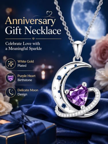 Birthstone Necklace for Women White Gold Moon and Star Pendant Moon Jewelry Anniversary Birthday Gifts for Mom Wife Her - color: 02. February - Amethyst