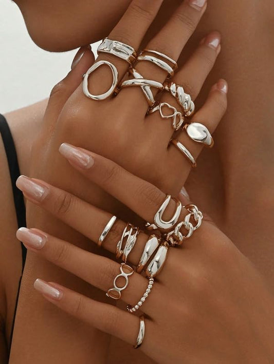 16 Pcs Silver Tone Irregular Geometric & Hollow Heart Ring Set, Minimalist Stackable Fashion Jewelry (Silver)