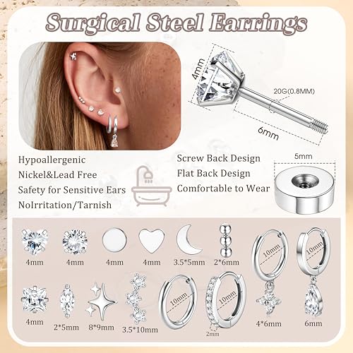 Florideco Hypoallergenic Flat Back Earrings for Women 14K Gold Plated Surgical Steel Stud Hoop Earrings for Sensitive Ears Stainless Steel Earrings Flatback Stud Cartilage Earring Set - color: Silver Plated Tone