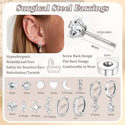 Florideco Hypoallergenic Flat Back Earrings for Women 14K Gold Plated Surgical Steel Stud Hoop Earrings for Sensitive Ears Stainless Steel Earrings Flatback Stud Cartilage Earring Set - color: Silver Plated Tone