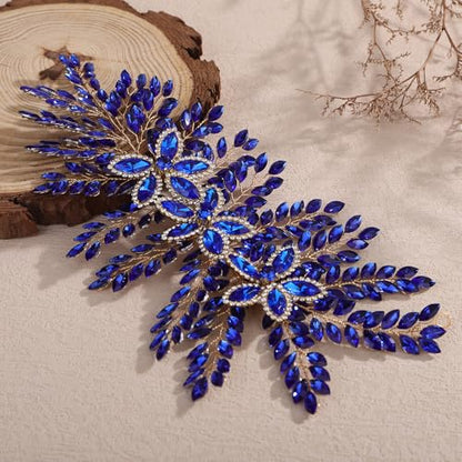 Teyglen Large Full Rhinestone Headband Flower Crystal Bride Wedding Headband Hair Vine Bridal Rhinestone Headpiece Wedding Hair Accessories for Women Party Prom (Blue) - color: Blue