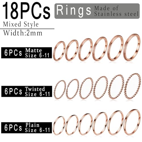 2mm 18Pcs No Tarnish Stainless Steel Thin Rings | PVD Gold Plated, Fadeless, Waterproof, High Polish, Hypoallergenic - color: Rose Gold Plated